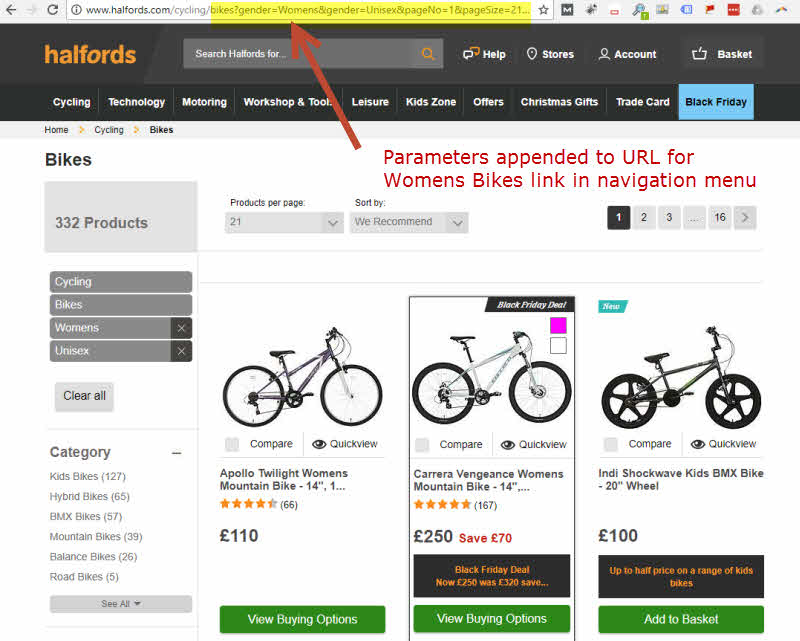 Navigation menu on Halfords site takes users to a parameter filter page