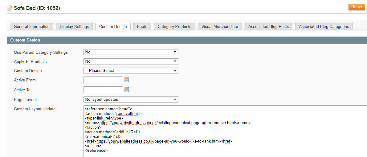 Enter the following canonical tag code in the Custom design box on a Magento category page