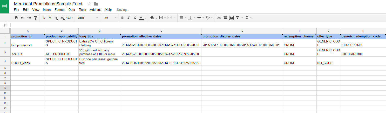 Excel csv file with columns for promotion feed attributes