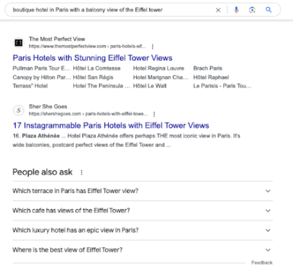 SERPs for 'boutique hotel in Paris with a balcony view of the Eiffel tower'