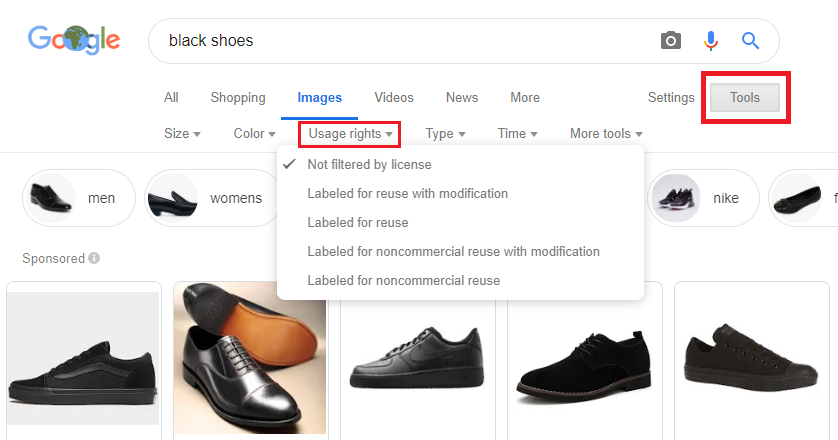 google image search usage rights