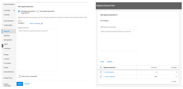 Adding negative keywords at campaign and account level