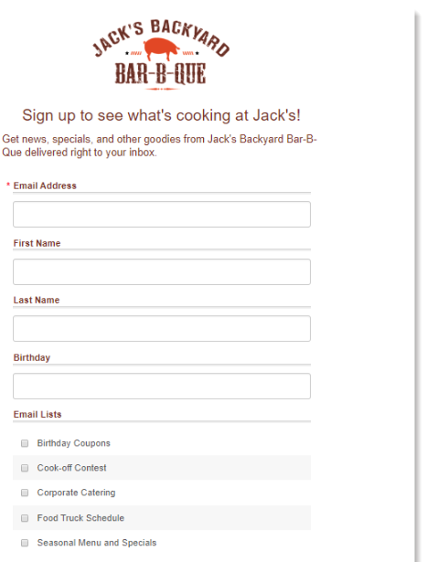 restaurant newsletter sign up form