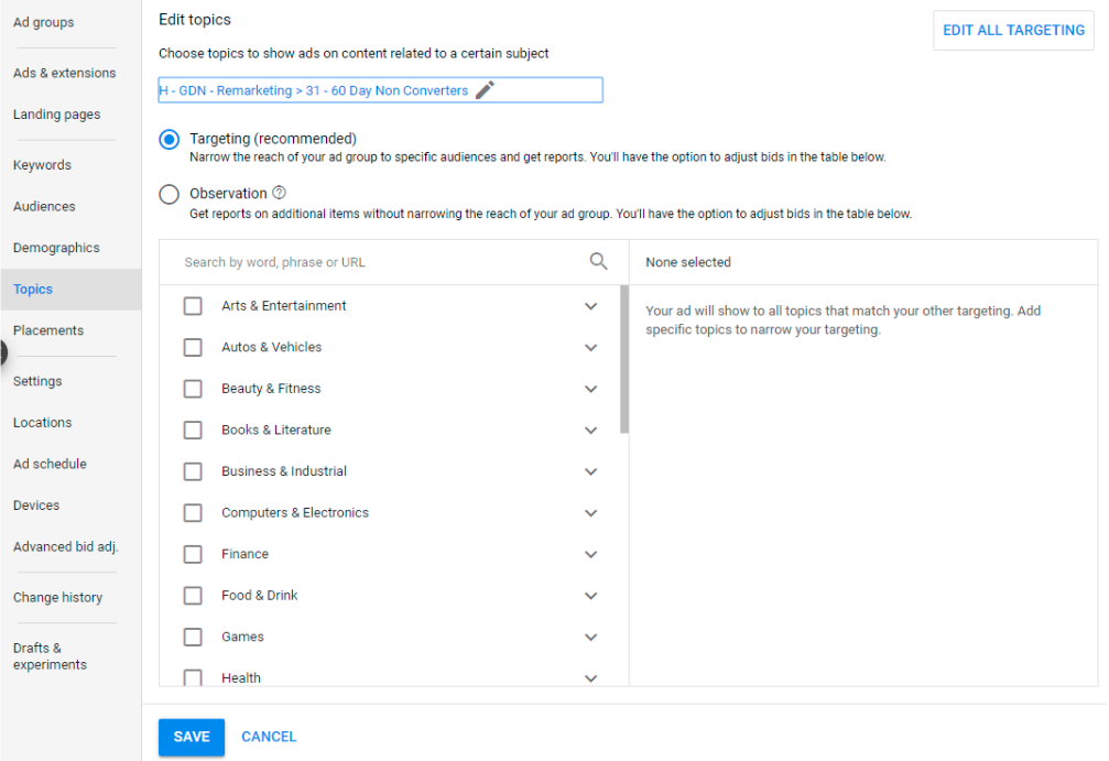 Topic targeting on the Google Display network