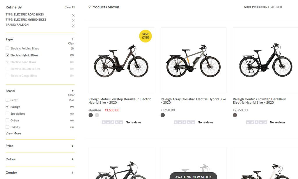 Example of a bike website's faceted navigation or product filtering options. Each filter option adds a parameter to the URL string.