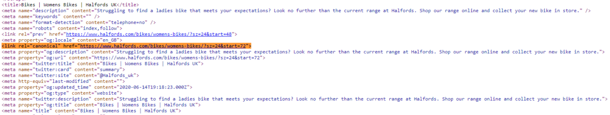 Canonical tag on the womens bikes page should point to the main womens bikes page but it doesn't do so.