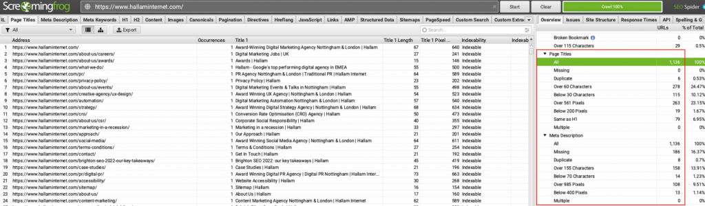 screenshot of page titles on screaming frog