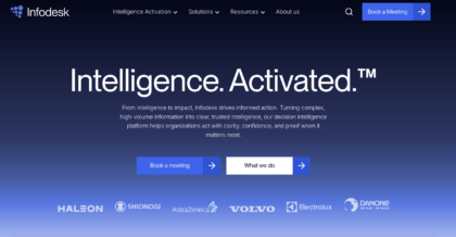 Infodesk's homepage showing value proposition "intelligence activated"