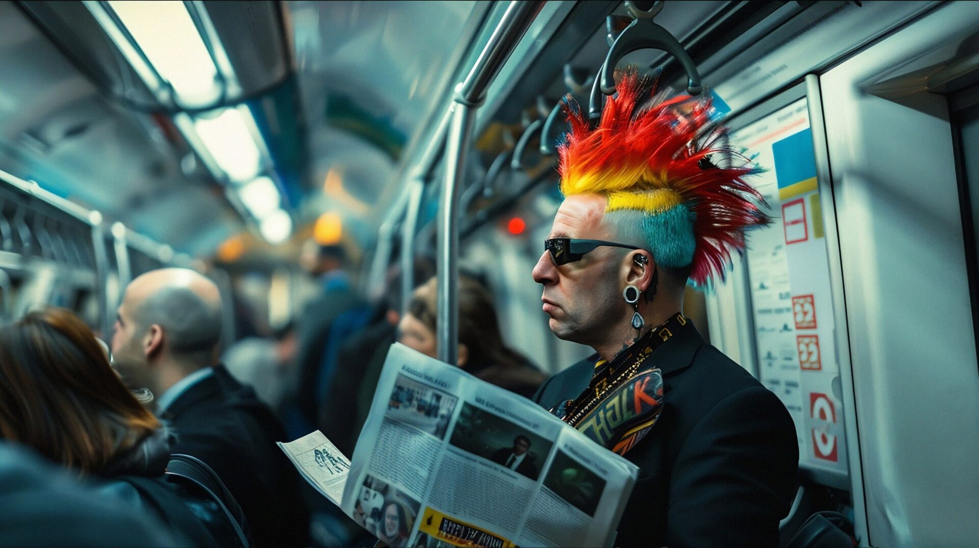 Image of man on train with mohawk