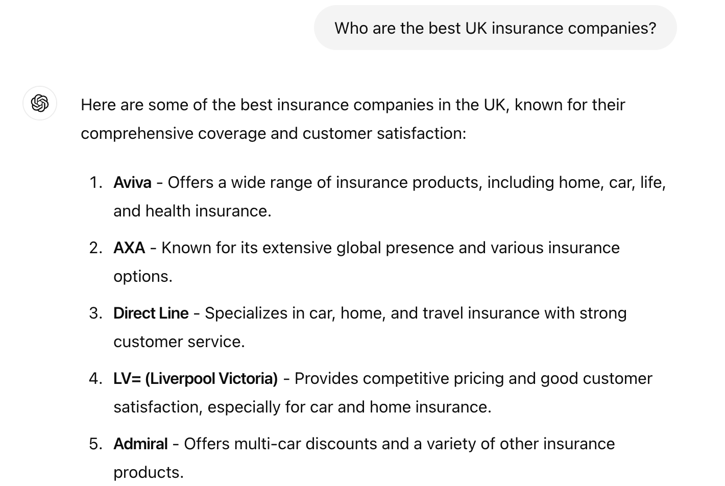 An image showing ChatGPT responses for a search query related to the best insurance companies in the UK