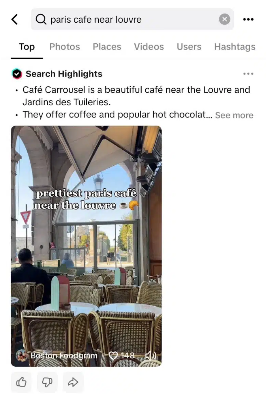 An example of a Tiktok search for cafes in Paris