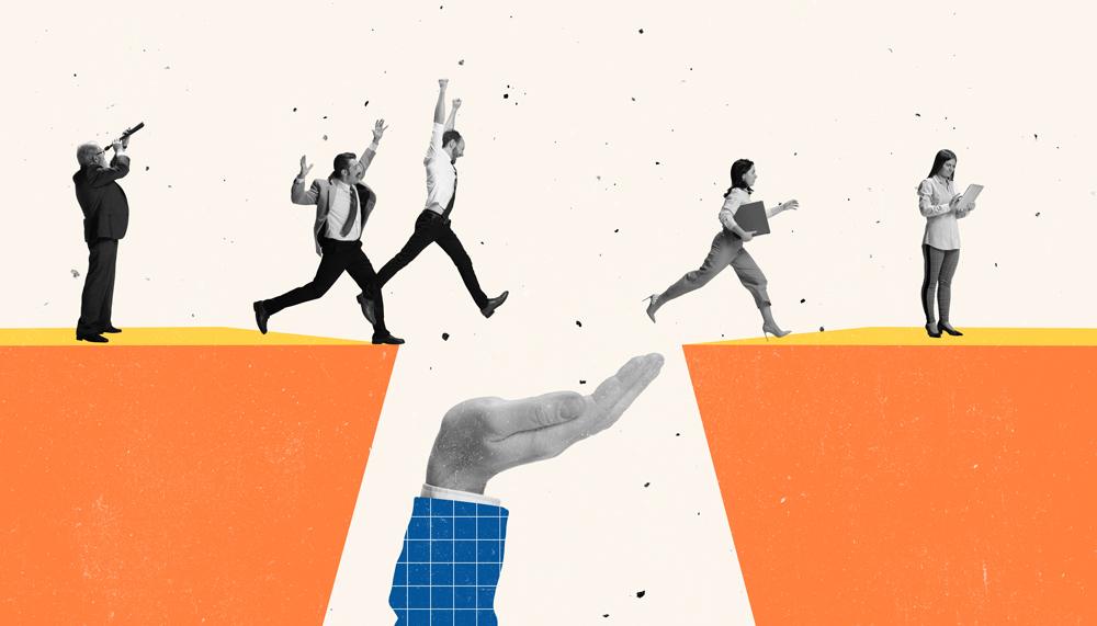 Illustration of business people jumping a gap