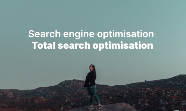 A woman standing in an outdoor environment under the headline "Total Search Optimisation".