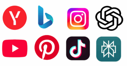 A list of popular platform logos, including Yandex, Bing, TikTok, Pinterest, Instagram, OpenAI, YouTube and Perplexity