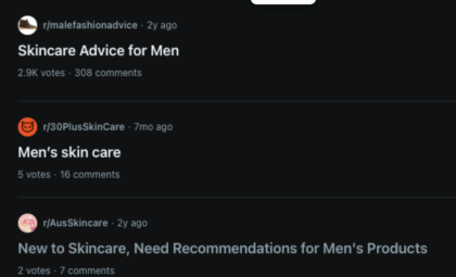 A Reddit search result for "Men's Skincare". 