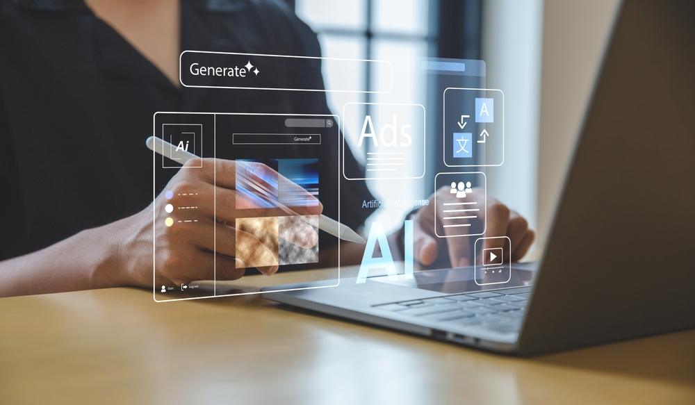 Person using a laptop with holographic AI interface icons showing ads generation, translation, and content creation tools