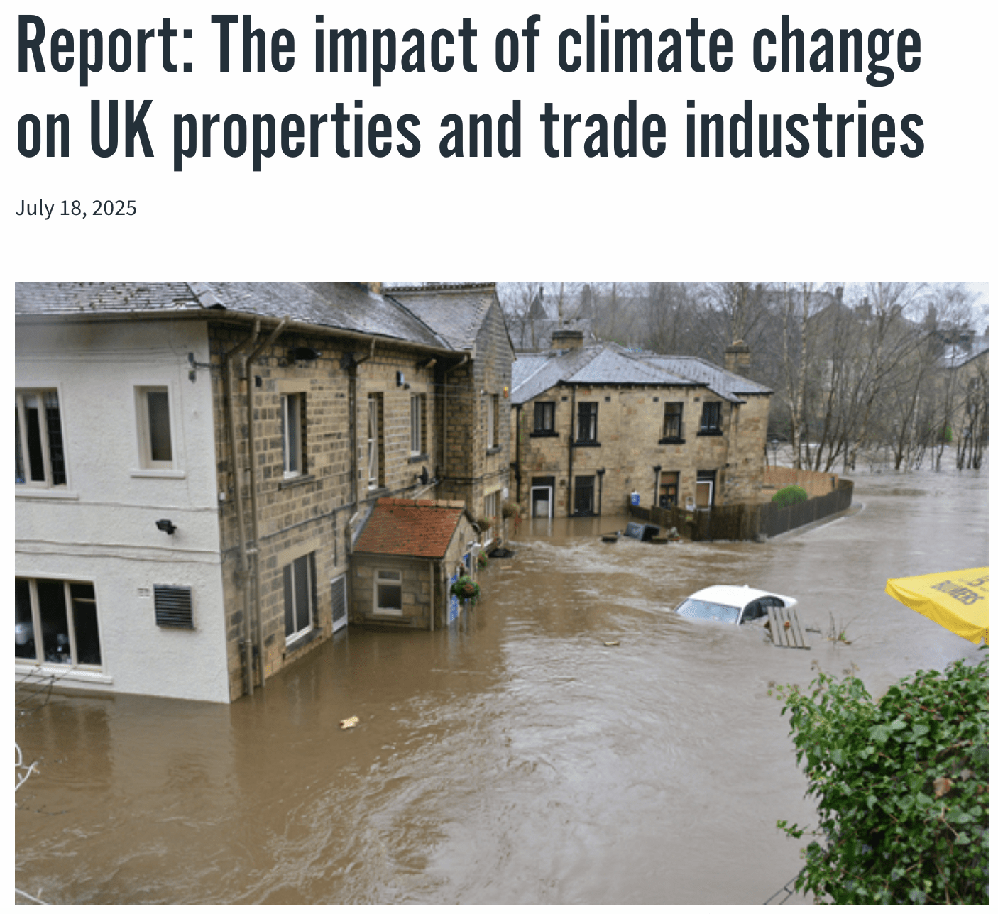 Alt Tag:

"Flooded UK residential street with a submerged white car, overlaid with the title: Report: The impact of climate change on UK properties and trade industries.