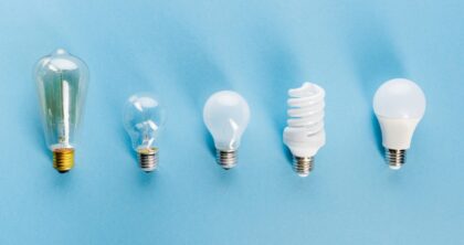 Series of lightbulbs from over the years, evolving from left to right