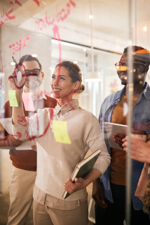 Young,Happy,Businesswoman,And,Her,Colleagues,Writing,Plans,On,Glass